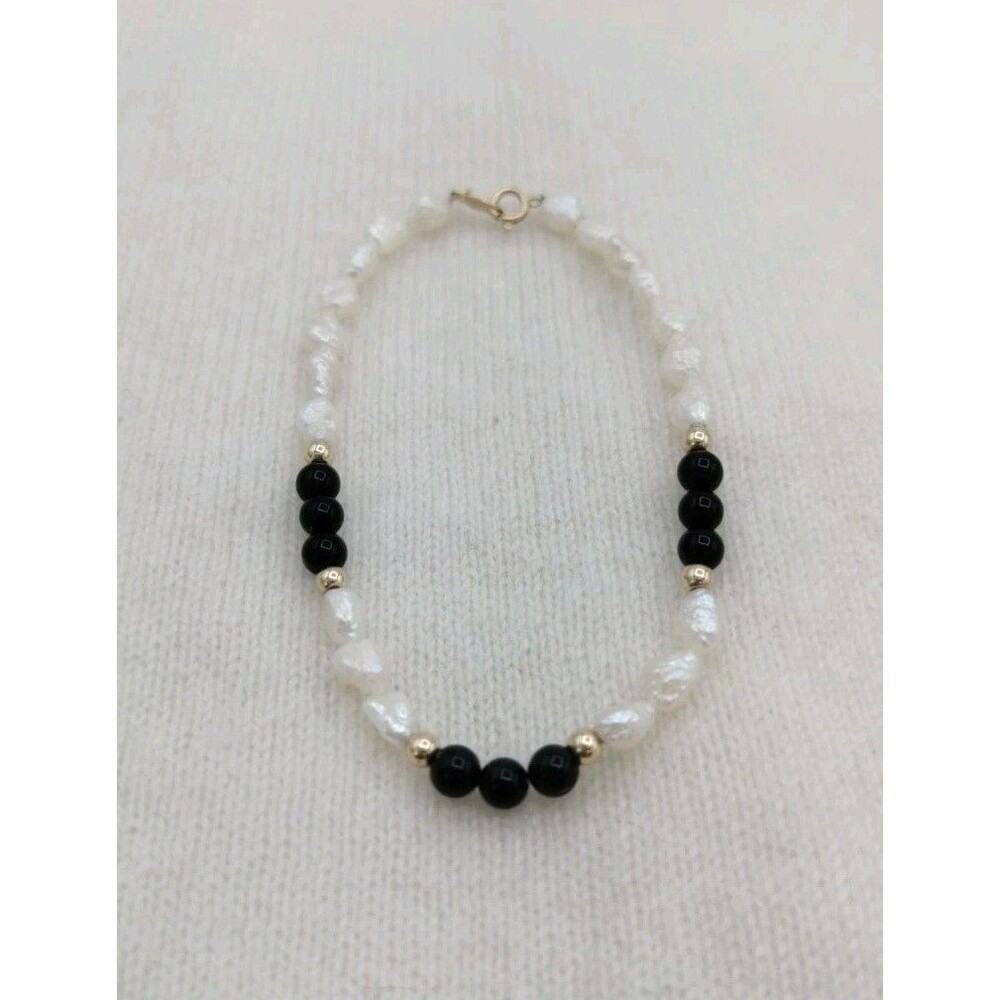 14K Gold VTG Bracelet Signed IPS Black Onyx/ Tourmaline & Seed Pearl Bracelet 7”